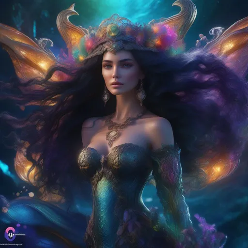 Prompt: goddess of mermaid girl, vibrant, whimsical dark background, black long wavy hair, pretty, 8k resolution concept art portrait dynamic lighting hyperdetailed intricately triadic colors Unreal Engine 5 volumetric lighting, gothic, high resolution, full body mermaid with monstrous tail ambient light, glamour, intricate and detailed environment, laces, stains, watercolor dark background, Masterpiece, Royo, ornate, depth, glimmering body art, shimmering glistening skin, long sea serpent tail 