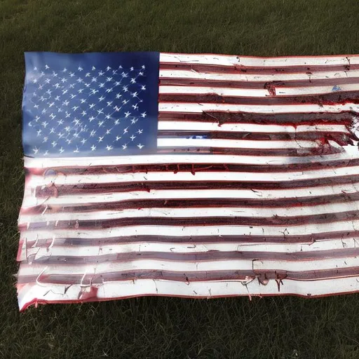 Prompt: American flag damaged and stained flowing in the breeze 