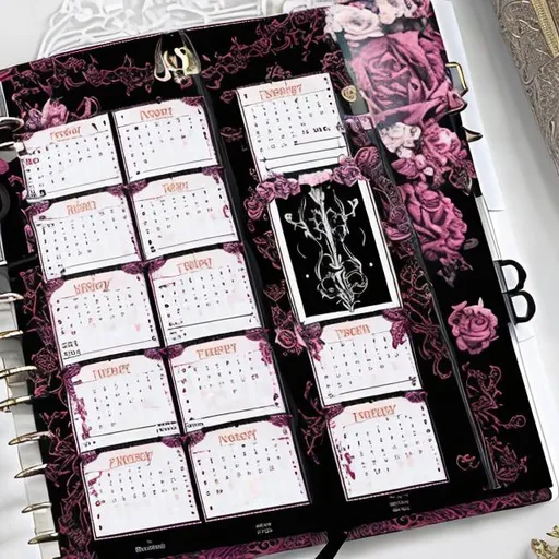 Prompt: gothic theme 2024 planner pages for all 12 months

