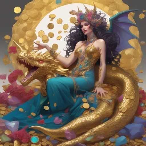 Prompt: A colourful and beautiful Persephone with dragon horns, dragon wings and scales for skin, wearing a long flowing jewelled dress made of jewels and gold coins, reclining on a pile of gold and jewels in a painted marvel comics  style