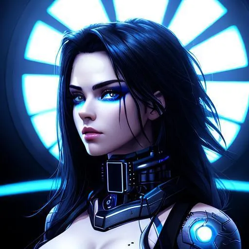 Prompt: portrait, 18 years old, female cyborg, highlights in front of one eye, daemon mask, hyper realistic, high contrast, dancing, cyberpunk, dim light,  neon lighting, club scene, royal vibe, highly detailed, highly detailed face, digital painting, Trending on artstation, Big Eyes, artgerm, highest quality stylized character concept masterpiece, award winning digital 3d oil painting art, hyper-realistic, intricate, 64k, UHD, HDR, image of a gorgeous, beautiful, dirty, highly detailed face, hyper-realistic facial features, perfect anatomy in perfect composition of professional, long shot, sharp focus photography, cinematic 3d volumetric