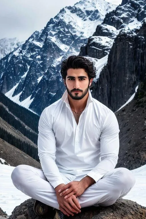 Prompt: a scene of "hyperreal face", meditating, lost in god,"afghani hyperreal handsome rugged boy" in "hyperreal stormy snow mountain", smile, white kameez, detailed, hyperreal, sitting, arena, perfect composition, hyperrealistic, super detailed, 8k, high quality, trending art, trending on artstation, sharp focus, studio photo, intricate details, highly detailed, by greg rutkowski
