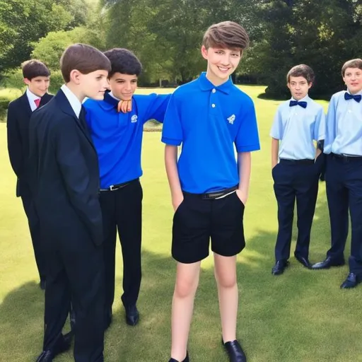 Prompt: 16 year old boy in a tuxedo pointing at a 13 year old boy in a blue polo