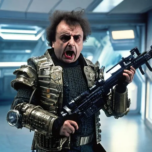 Prompt: A 28 year old Sylvester McCoy shouting angrily wearing an armored futuristic scifi military uniform and holding an advanced exotic shotgun in full color