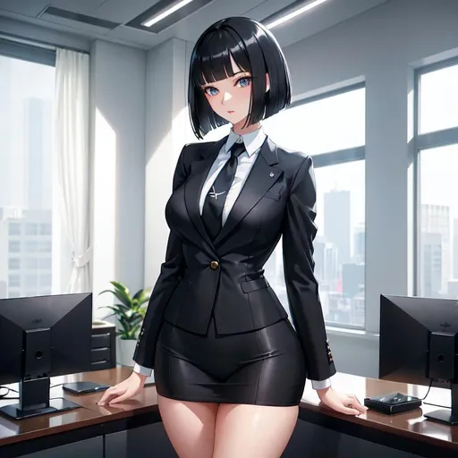 Prompt: a lonely AI girl, very tall, thick thighs, wide hips, long legs, slender waist, big beautiful symmetrical eyes, aloof expression, bob haircut with bangs, (wearing a business suit and tie, working in an office), 12K resolution, hyper quality, hyper-detailed, depth of field