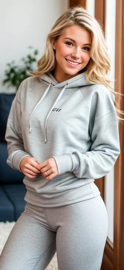 Prompt: Cute pose, cute and very attractive, beautiful 24 year old, american woman, blond hair, sweatshirt and leggings and a cute smile