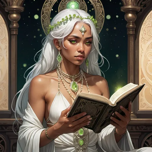 Prompt: tarot card anime illustration of an intuitive opalescent-haired bare chested Pacific Islander woman reading a prayer book, dressed like a priestess in a pearl white costume, dramatic lighting, she is calm, tarot card style, detailed peridot eyes, professional, highres, ultra-detailed, inner voice, dramatic lighting, ornate robes, priestess, calm gaze, mystical color palette, ornate details, mystical atmosphere