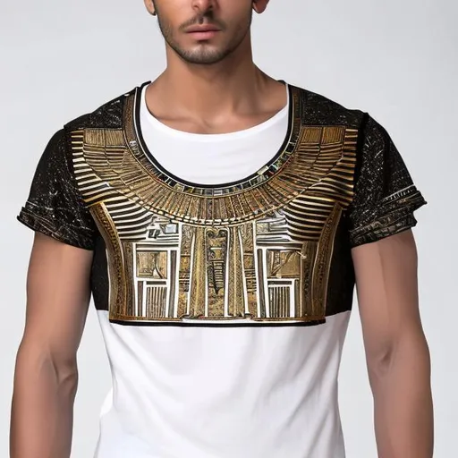 Prompt: A white T-shirt for men mixed with black and gold, inspired by the ancient Egyptian civilization with a modern cut