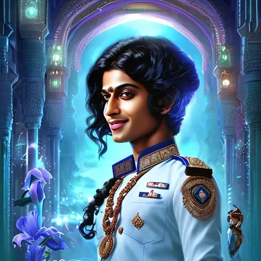 Prompt: early-twenties young arabic hindu man male, krishna, blue irises, cheekbones, long black hair, smile, jeweled pilot uniform, tropical futuristic, portrait, realistic details, photorealistic, 8k render, cinematic lighting, ultra detailed