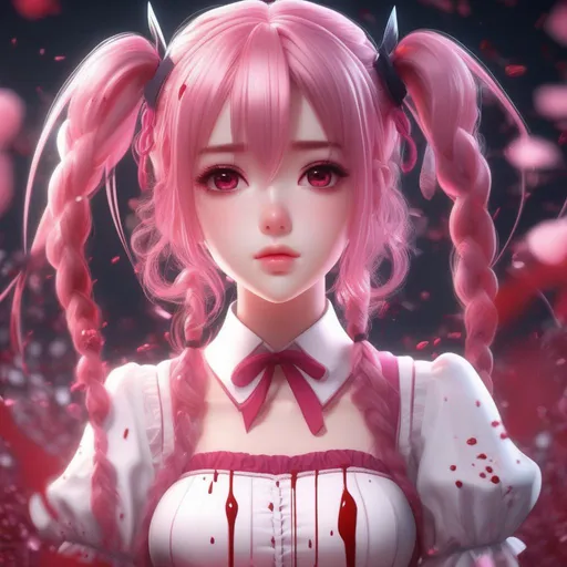 Prompt: 3d anime woman pink pigtails hair and white dress covered in blood and beautiful pretty art 4k full HD