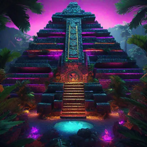 Prompt: ANCIENT AZTEC  :PROMAX RENDER COLASSAL SIZE ILLUMINATI STYLE MULTI COLOR: STRATEGIC  DEFENSE  CENTER  3D  RENDER:LOCATED  IN A EXOTIC  DARK FANTASY 🔮RAINFOREST🏝 FEATURING / COLORFUL DYNAMIC LIGHTING ~~ AND INTRICATELY COMPLEX FUTURISTIC ~~ABSTRACT~~  
DESIGN .  VAPERWAVE  STYLE PARADISE : HYPERREALISTIC :HYPERDETAILED :  8KHDR RENDER~~ MASTERPIECE 🔺️🎨🗽