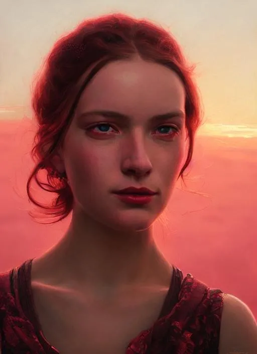 Prompt: Portrait of Anya geraldine with red and with cute face, pink sunset background, perfect composition, hyperrealistic, super detailed, 8k, high quality, trending art, trending on artstation, sharp focus, studio photo, intricate details, highly detailed, by greg rutkowski