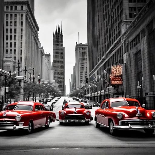 Prompt: Create me a classic 1950 style picture of the city of Chicago, with old school cars, 8k UHD, portrait style, amazing detail, vibrant features, 