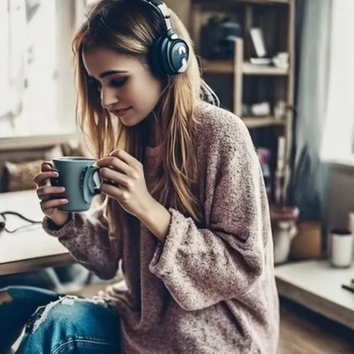 Prompt: if i am  alone in the house and i wear  just casual clothes for you and i listen music with cup of tea 