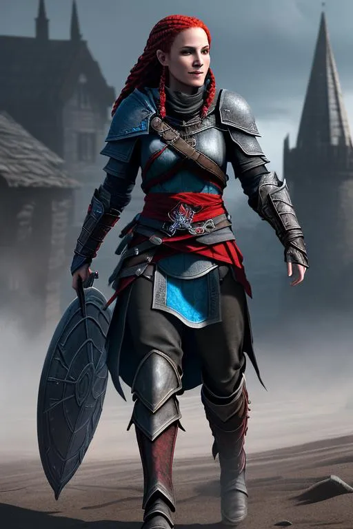 Prompt: Digital art, Assassin's Creed black gear, (((DreamShaper Version 1))), Berk of How to Train Your Dragon, viking woman, subtle smile, red hair, cornrow braids, blue eyes, ((black gear, black armor,)) unreal engine, 8k octane, 3d lighting, full body, full armor