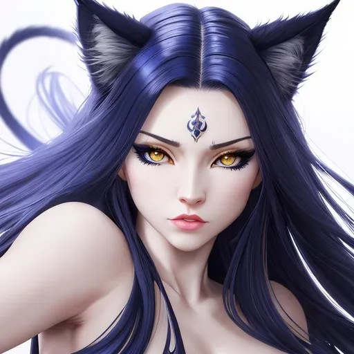 Prompt: A female neko in fighting pose, intricate facial detail, hyperrealistic full body pose, hyperrealistic ethereal, dark blue and long hair, white lynx ears, sharp jaw, hyperrealistic golden cat eyes , hyperrealistic human nose, hyperrealistic lips, ethereal, divine, hyperrealistic face, hyperrealistic pale skin, intricate eye detail, pale skin, blue latex outfit, highly detailed concept art, high resolution scan, hd octane render, intricate detailed, highly detailed face, unreal engine, trending on artstation, UHD, 8k, Very detailed
