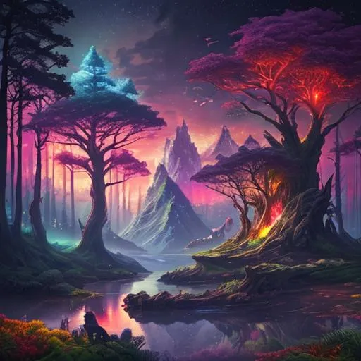 Prompt: beautiful fantasy natural landscape with impossible trees, multicolored plants and glowing wildlife animals at twilight 