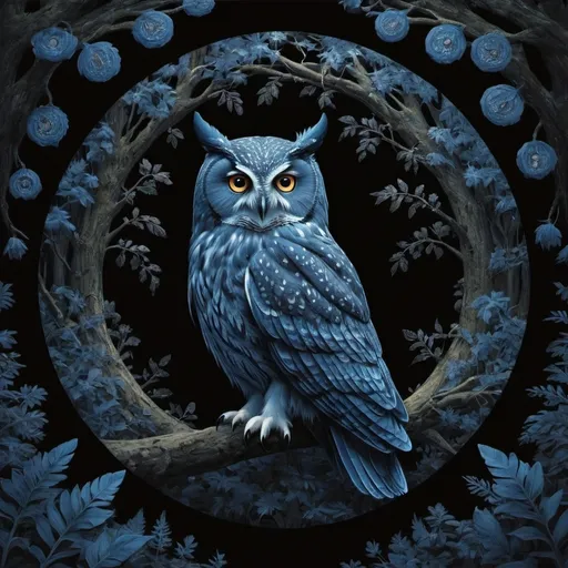 Prompt: a floresant blue owl circles over the dark forrest over head