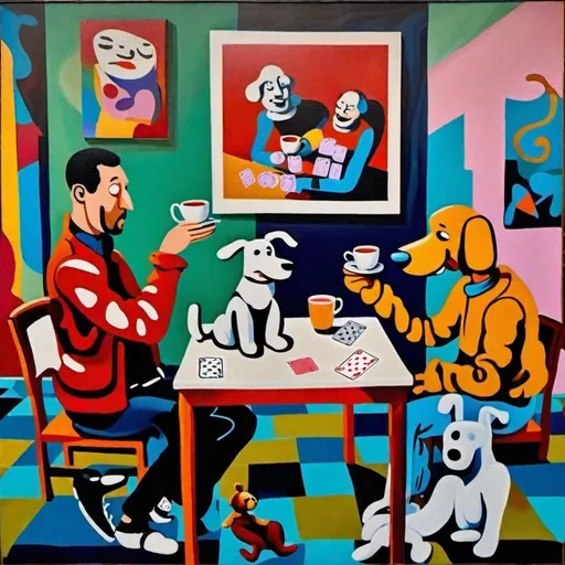 Prompt: A painting of two people sitting at a table talking and drinking tea with a painting on the wall of this painting but upside down and abstract a cartoon character playing cards with a stuffed dog toy and the overall picture abstract and different 