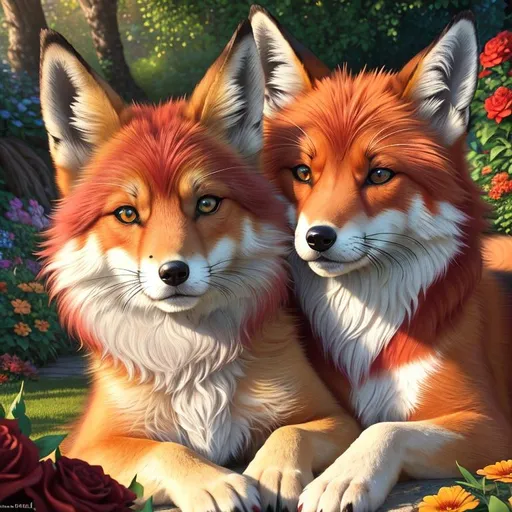 Prompt: (3D, 8k, masterpiece, oil painting, professional, UHD character, UHD background) Portrait of Vixey, Fox and Hound, brilliant red fur, brilliant amber eyes, big sharp 8k eyes, sweetly peacefully smiling, detailed smiling face, extremely beautiful, ,enchanted garden, vibrant flowers, vivid colors, lively colors, vibrant, high saturation colors, flower wreath, detailed smiling face, highly detailed fur, highly detailed eyes, highly detailed defined face, highly detailed defined furry legs, highly detailed background, full body focus, UHD, HDR, highly detailed, golden ratio, perfect composition, symmetric, 64k, Kentaro Miura, Yuino Chiri, intricate detail, intricately detailed face, intricate facial detail, highly detailed fur, intricately detailed mouth