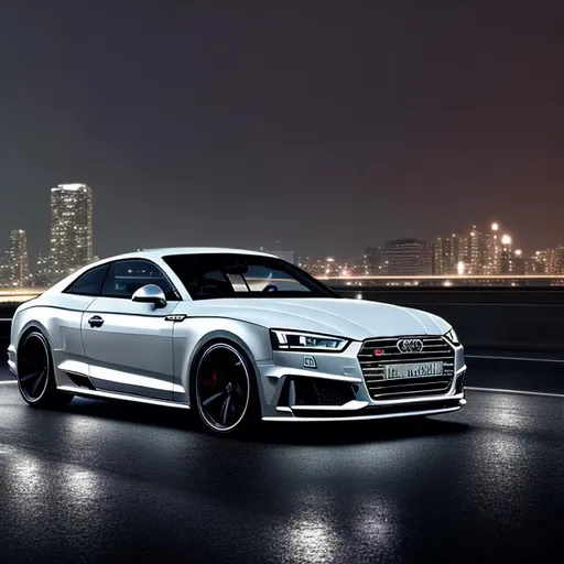 Prompt: A Daytona pearl grey Audi S5 sitting on the side of the road, overlooking a city skyline at night during a storm