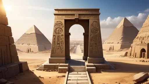 Prompt: circular portal, gateway between cities realms worlds kingdoms, ring standing on edge, freestanding ring, hieroglyphs on ring, complete ring, obelisks, egyptian architecture, panoramic view