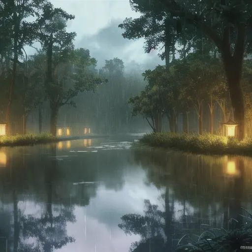Prompt: D&d village in the swamp, rain, thunder, shadows, wide open, professional, render, Sharp focus, HD, UHD, HDR, hyperrealistic 
