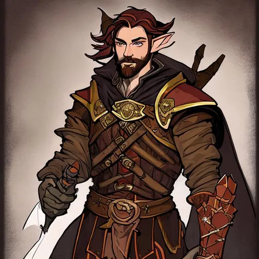 Prompt: Dungeons and dragons portrait style, half elf, male, swashbuckler rogue, coppery-brown medium length hair, trimmed beard, rapier on hip, noble birth.