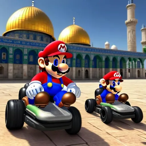 Prompt: Mario kart and bibi Netanyahu in al aqsa mosque
