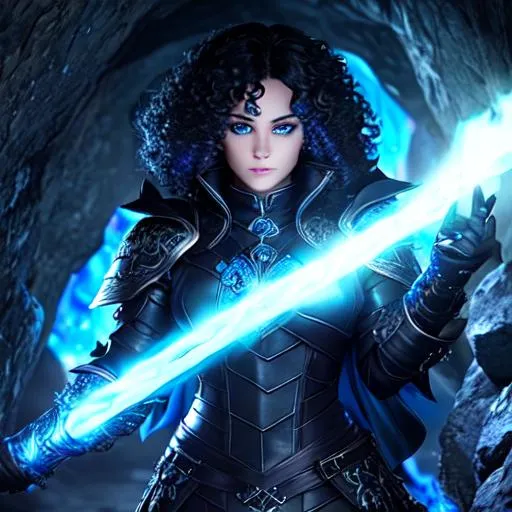 Prompt: glowing blue eyes, intricate black jacket, intense gaze, Highly detailed black leather armor, Caucasian, holding blue fire, In an underground cavern, phosphorescent blue fire, all fire is blue, photography taken by canon eos r5, stunning fullbody d&d character art, a female sorcerer with black curly hair and glowing blue eyes wearing black leather armor is casting a spell in her right hand, wears very look good outfit, standing, Detailed face, beautiful eyes and hair, flawless bright skin, soft makeup and draw thin eyebrows, Human-like eyes, good anatomy, Perfect white balance, Sun lighting, rim lighting uhd, (art by norman rockwell), prime photography, smooth crisp line quality, Glittering, Magic