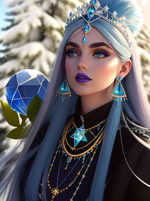 Prompt: GeminiTay, Heavy snow, Giant Blue Orb in Sky, Long Straight Blue hair, Ice crystal tiara with Green Flowers, Thick bushy blue eyebrows, medium sized nose, plump diamond shape face,  Blue lips, ethereal blue eyes, Triangle Star earrings, soft ears, Large blue plastic chain around neck, Blue heart necklaces, Purple candy shaped rings, Large blue fur coat with armor underneath. Scaley gloves. Long Blue Skirt with moons.