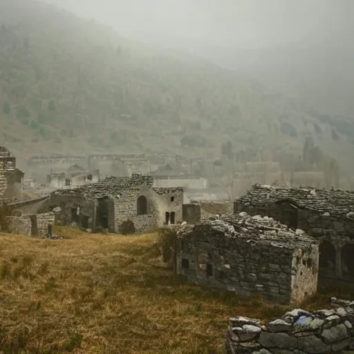 Prompt: Ruined stone village in fog with huge mountains in the distance

