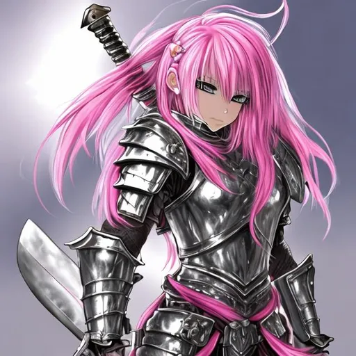 Prompt: pink haired anime warrior girl with armour and a sword 