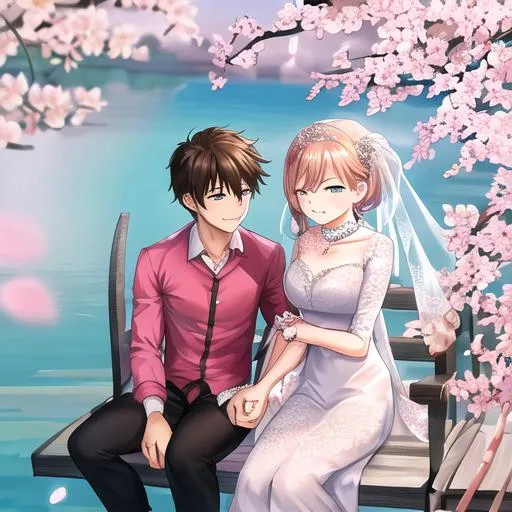 Prompt: this cute couple newly married and having a visit to he lakeside alone and at the bank they are watching a cherry blossom tree which is very beautiful and they are wearing a cute couple ring of engagement and they are lonely there an are at peace