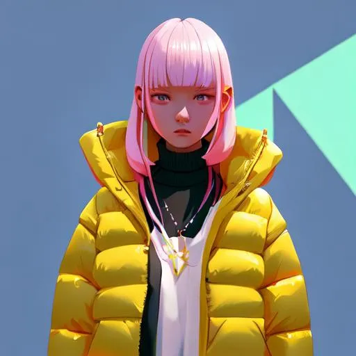 Prompt: a woman wearing a poncho oversized puffer jacket, inspired by OffWhite, tumblr, inspired by Yanjun Cheng style, digital art, lofi girl internet meme, trending on dezeen, catalog photo, 3 d render beeple, rhads and lois van baarle, cartoon style illustration, bright pastel colors, a beautiful artwork illustration, retro anime girl --ar 2:3 --q 2 --v 5