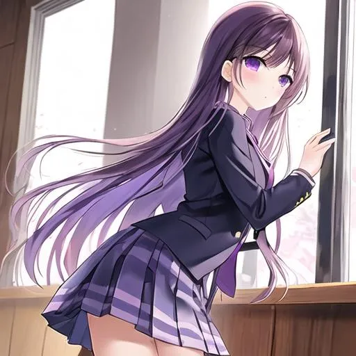 Prompt: Porcelain skin with long brunette hair, no face, anime school uniform with purple checkered skirt and a purple tie.