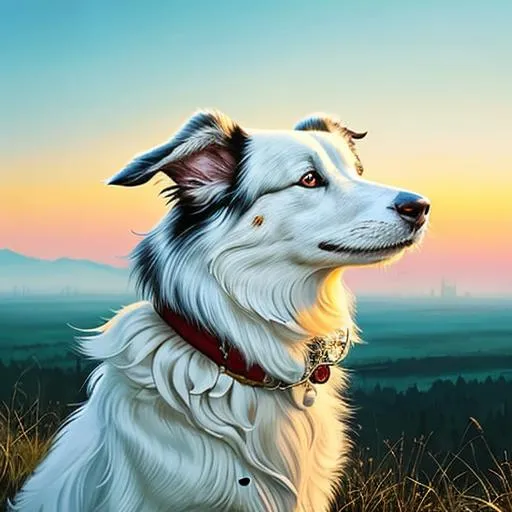 Prompt: Very White Fur Border Collie,  
side profile picture, Speedpaint with large brush strokes by , Junji Ito, Ismail Inceoglu, , Gazelli, M.W. Kaluta, richard anderson, Sun Set,paint splatter, white ink, splash art, masterpiece, 8k resolution, artstation, curious, terrifying, highly detailed and intricate, 8k eyes, highly detailed eyes , Sunrise background