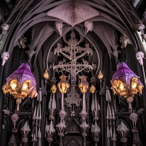 Prompt: gigeresque teeth church interior, desaturated purples, meat and bones, crystal hanging lamps, high detail filigree pillars