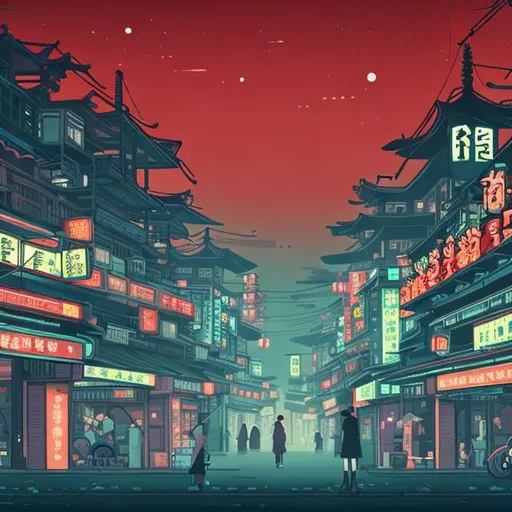 Prompt: Panoramic wide view of a spooky suburb Asian town in the style of studio ghibli, anime illustration style, fuzzy noise, night, traditional red Chinese lamps, neon lightboxes, neon signboards, high contrast, hundreds of people walking the streets