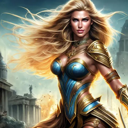 Prompt: HD 4k 3D 8k professional modeling photo hyper realistic beautiful fierce warrior woman ethereal greek goddess of onslaught
blonde hair brown eyes gorgeous face tan tattooed scarred skin shimmering armor crossbow full body surrounded by magical glow hd landscape background illiad fighting action battlefield