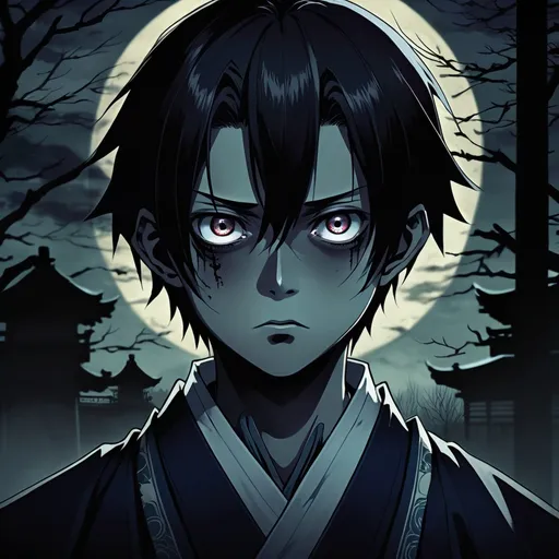 Prompt: 2D dark J-horror anime illustration of a mysterious boy, eerie atmosphere, ominous shadows, detailed eyes with haunting gaze, traditional Japanese clothing, haunting supernatural presence, high quality, highres, ultra-detailed, anime, j-horror, dark tones, eerie lighting, detailed eyes, traditional attire, professional, ominous atmosphere