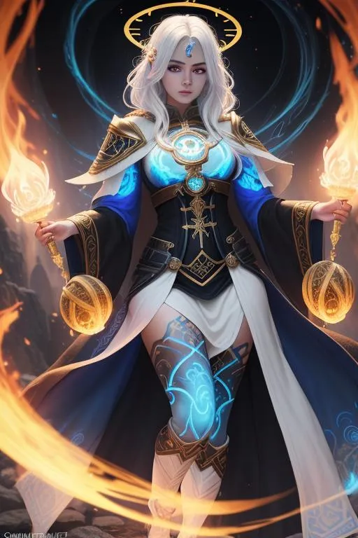 Prompt: ombre white hair, glowing runic eyes, girl, fantasy, DnD mage, black-gold mage clothes, caught on blue fire, blue burning luminescence, blue fire burning on body, concept art, 4k, HDR, symmetrical, fullbody, ((full body)) {{good looking}} {{cute}} {{good body}} {{tight}}, {{shadows}}, 