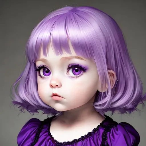 Prompt: baby  girl with very light purple hair and big purple eyes wearing a purple dress, closeup