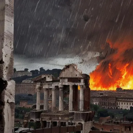 Prompt: ancient Rome in destruction city fire and rain thunder dark bloody