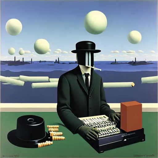 Prompt: René Magritte, synthesizer, computer, surrealism, face covered, album cover, musical instruments, alcohol, Swedish landscapes, cigarettes