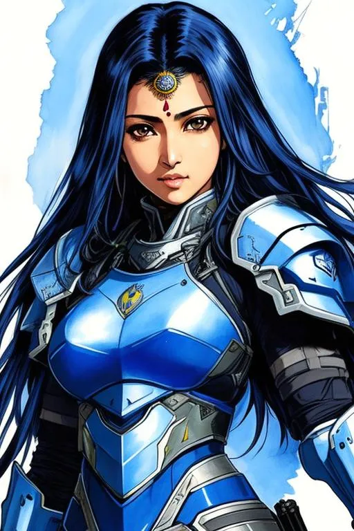 Prompt: Final Fantasy art (((Yoji Shinkawa))), sticker of ultra detailed portrait of Sadaf Mohammed Sayed  (Indian actress who mainly appears in Telugu, Tamil, and Kannada films)in dark blue holy armor, canon robotic hand, blue long hair, high quality cell shaded illustration in post apocalyptic style by Yoji Shinkawa, ((full body portrait)), dynamic pose, perfect anatomy, centered, freedom, soul, blue long hair, approach to perfection, cell shading, 4k , cinematic dramatic atmosphere, watercolor painting, global illumination, detailed and intricate environment, artstation, concept art, fluid and sharp focus, volumetric lighting, cinematic lighting, Art by Yoji Shinkawa,