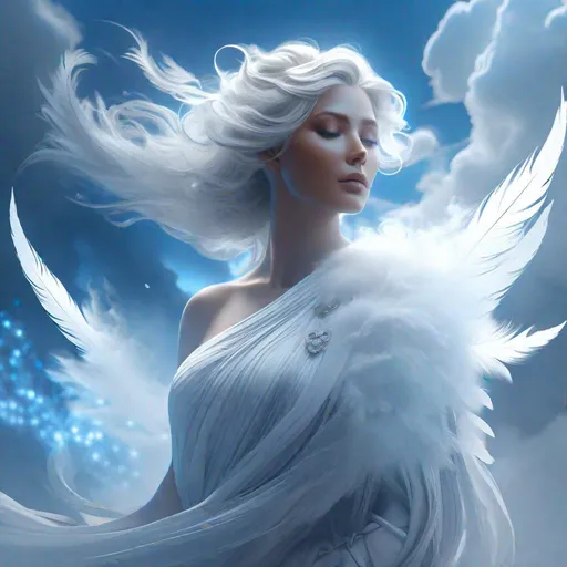 Prompt: ""Beautiful ethereal Air Element ghost" Wind : swirling clouds, white feathers, vapor, misty breath, white skin, white glowing eyes, WLOP, Alphonse Mucha, Greg Rutkowski, 8k resolution trending on Artstation Unreal Engine 5, hyperdetailed, intricately detailed, fantasy concept art portrait, serene, cool monochromatic colors, white and blue"