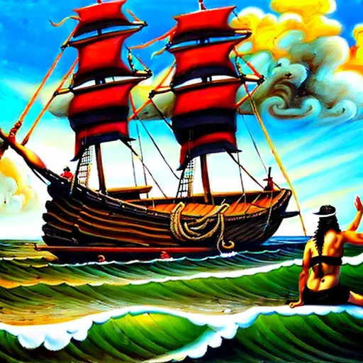 Prompt: Mayans are standing atop a beached Chinese junk ship with sails out, Rococo painting, hyper realistic, masterpiece, highly detailed, pirates, Caribbean, over the shoulder point of view, dramatic lighting, oil painting, high contrast