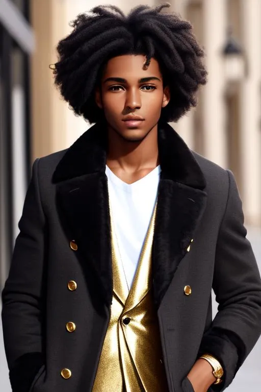 Prompt: a young Black man with curly, dark hair, brown skin, and gray eyes, dream style, soft lighting, high, wearing gold black coat, modern style, modern fashion