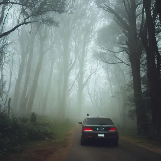 Prompt: Human in car,dog,forest,fog, unknown creature,